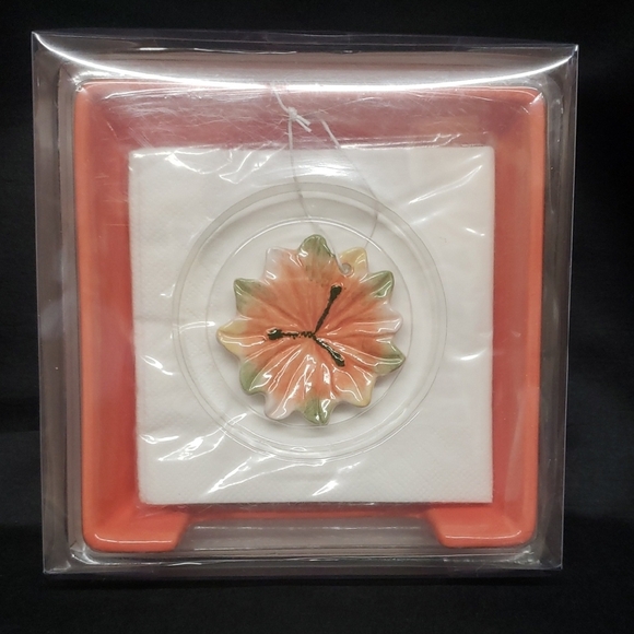 Dennis East International NWT Deep Coral Napkin Holder With Floral Weight - Picture 1 of 5